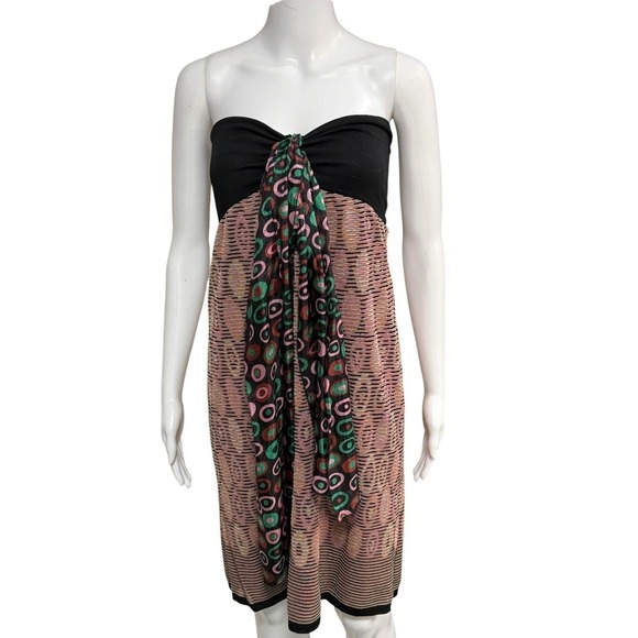 M Missoni Dresses & Skirts - M Missoni Strapless Metallic Knit Dress Black Pink Green Scarf Detail Size 10